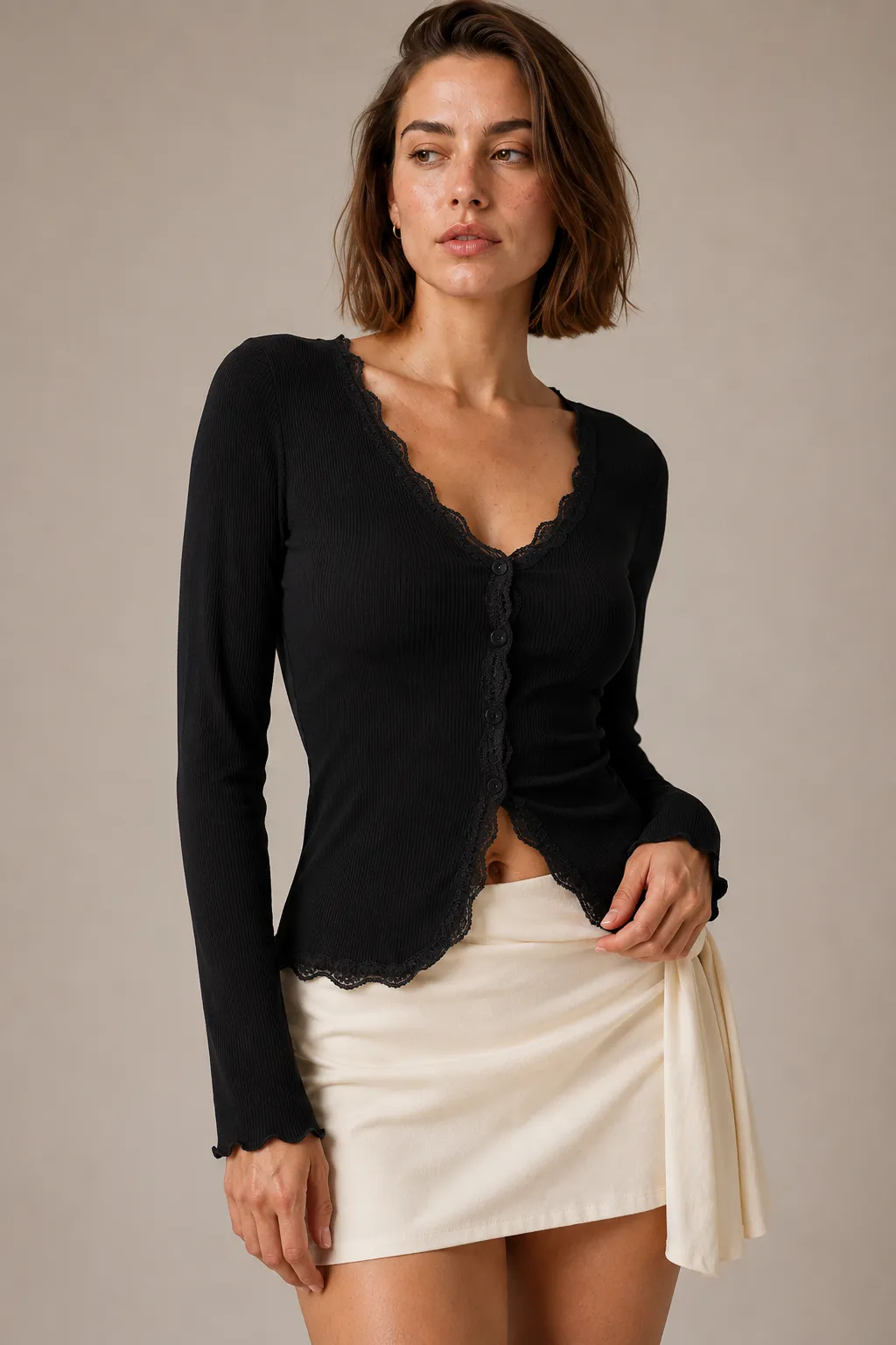 Ribbed V-Neck Lace Trim Long Sleeve Top image 5