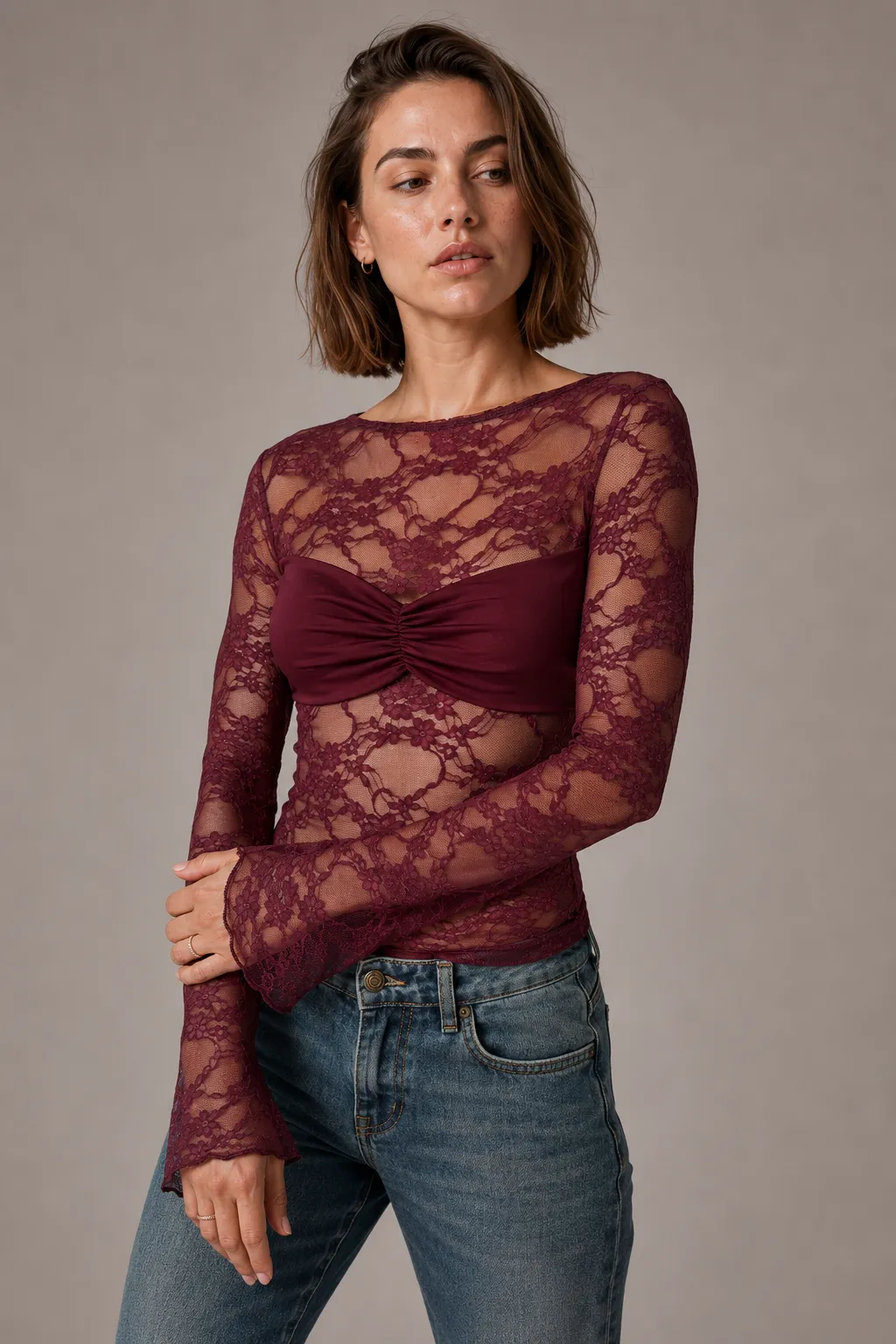 Sheer Lace Ruched Flare Sleeve Top image 7